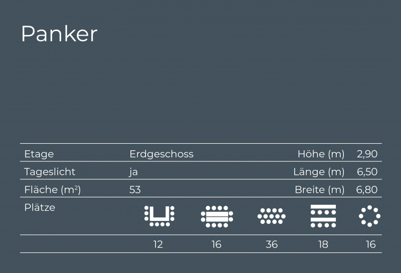 Übersicht Tagungsraum Panker, Etage, Tageslicht, Fläche, Bestuhlung