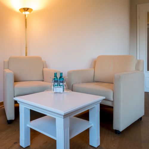 1-Zimmer-Komfortappartement Sitzbereich, zwei Sessel mit einem Tisch, hinter dem Sessel steht eine Stehlampe, auf dem Tisch