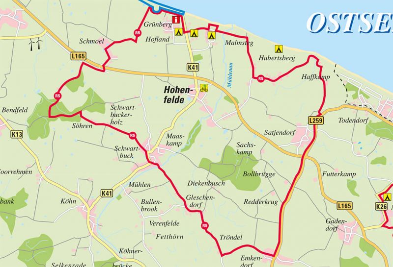 Radfahren Hotel Hohe Wacht, Kartenausschnitt Radroute R5 an der Howachter Bucht