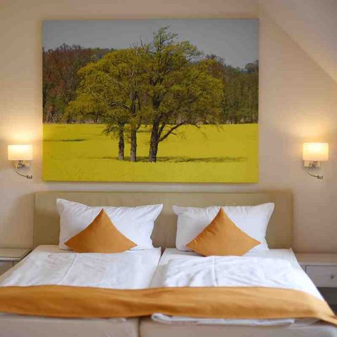 Nahaufnahme Doppelbett in einem Zimmer, dahinter an der Wand hängt eine Leinwand, Motiv Rapsfeld, neben der Leinwand hängen links und rechts Lampen