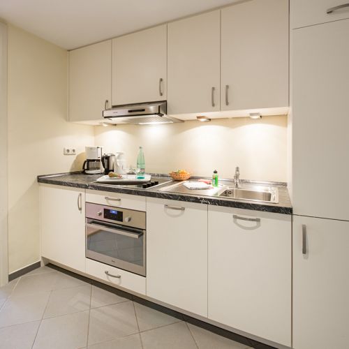 1-Zimmer-Ferienwohnung Küche, Küchenzeile mit Spüle, Herd mit Dunstabzughaube, Backofen, Kaffeemaschine, Wasserkocher, Hängeschränke