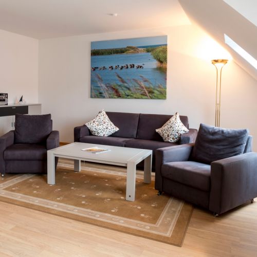 Wohnbereich in 2,5-Zimmer-Ferienwohnung, 2er Sofa (Schlafcouch) mit zwei Sesseln und Couchtisch, zwischen Sofa und Sessel Stehlampe, an der Wand Leinwand mit Wasser/Naturmotiv, linke Seite Sideboard mit Radio