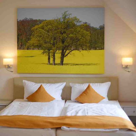 Nahaufnahme Doppelbett in einem Zimmer, dahinter an der Wand hängt eine Leinwand, Motiv Rapsfeld, neben der Leinwand hängen links und rechts Lampen