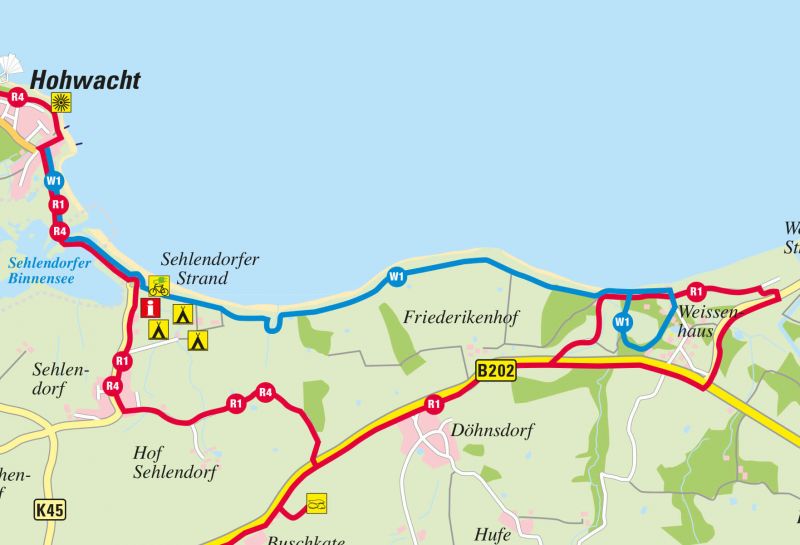 Radfahren Hotel Hohe Wacht, Kartenausschnitt Radroute R1 an der Howachter Bucht