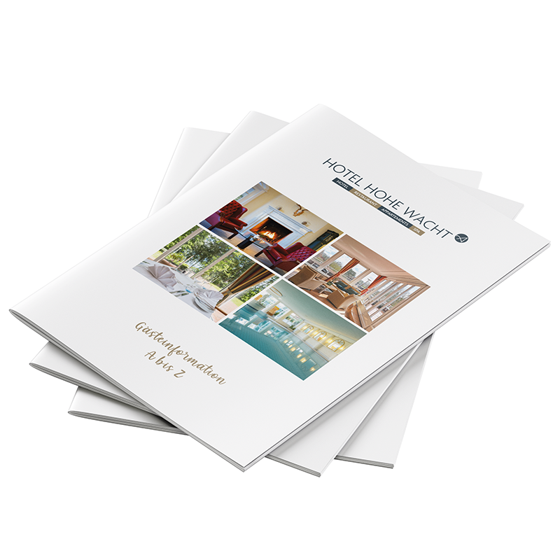Ansicht Prospekt Titel Gästeinformation A-Z Hotel Hohe Wacht, 3 Exemplare übereinander versetzt gelegt