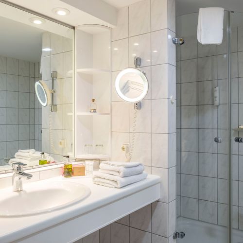 1-Zimmer-Ferienwohnung Bad, Waschtisch mit Waschbecken und Kosmetikspiegel, Handtücher, Kosmetikprodukte, Spiegelfront, rechts Dusche mit durchsichtiger Duschkabine