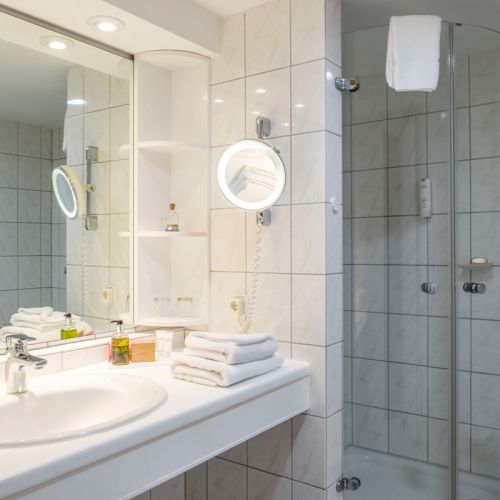 1-Zimmer-Komfortappartement Bad mit Waschbecken, Spiegel, Kosmetikspiegel, Handtücher, Kosmetikproben, rechts im Bild Dusche mit durchsichtiger Duschkabine, auf der Duschtür hängt ein weisses Handtuch