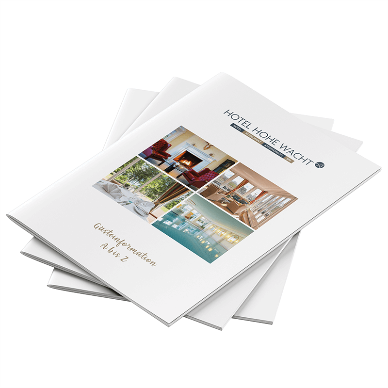 Ansicht Prospekt Titel Gästeinformation A-Z Hotel Hohe Wacht, 3 Exemplare übereinander versetzt gelegt